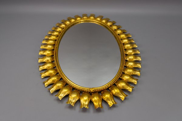 Mid-Century Gilt Metal Oval Sunburst Wall Mirror, 1950s-KEG-1754138