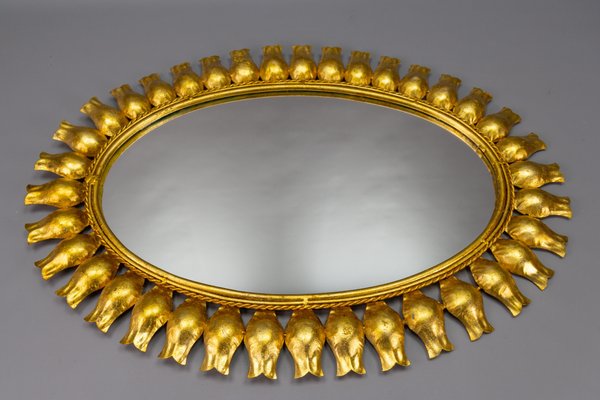 Mid-Century Gilt Metal Oval Sunburst Wall Mirror, 1950s-KEG-1754138