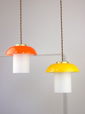 Mid-Century Glass and Brass Mushroom Pendant Lamps, Set of 2-HGJ-1440899