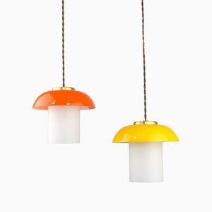 Mid-Century Glass and Brass Mushroom Pendant Lamps, Set of 2-HGJ-1440899