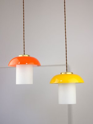 Mid-Century Glass and Brass Mushroom Pendant Lamps, Set of 3-HGJ-1440906