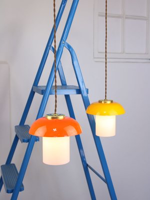 Mid-Century Glass and Brass Mushroom Pendant Lamps, Set of 3-HGJ-1440906