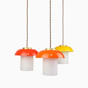 Mid-Century Glass and Brass Mushroom Pendant Lamps, Set of 3-HGJ-1440906