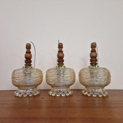 Mid-Century Glass and Wood Pendant Lamps, 1960s, Set of 3-ZPB-1797416