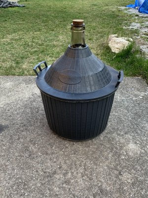 Mid-Century Glass Demijohn in Plastic Basket-OXJ-1719483