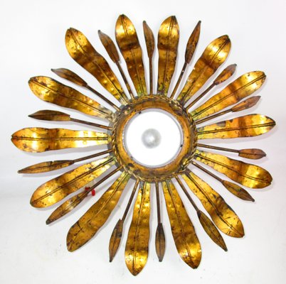 Mid-Century Golden Sunburst Ceiling Lamp, 1950s-ZVO-579693