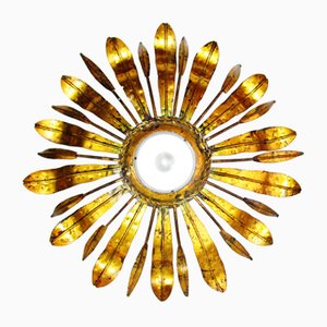 Mid-Century Golden Sunburst Ceiling Lamp, 1950s-ZVO-579693