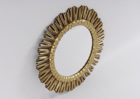 Mid-Century Golden Sunburst Wood Mirror, 1950s-KQB-1452666