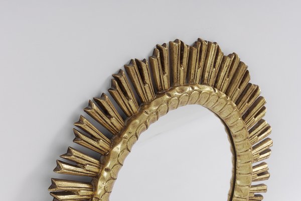 Mid-Century Golden Sunburst Wood Mirror, 1950s-KQB-1452666