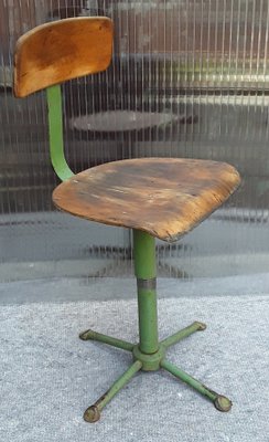 Mid-Century Green Painted Iron Frame & Beech Plywood Adjustable Workshop Swivel Chair, 1950s-HOI-919653