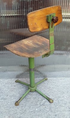 Mid-Century Green Painted Iron Frame & Beech Plywood Adjustable Workshop Swivel Chair, 1950s-HOI-919653