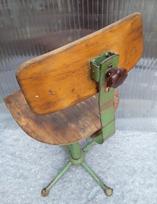 Mid-Century Green Painted Iron Frame & Beech Plywood Adjustable Workshop Swivel Chair, 1950s-HOI-919653