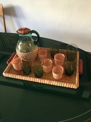 Mid-Century Green Table Glass Set with Beige & Red Raffia Weave Handles and Base, Set of 7-GGK-702594