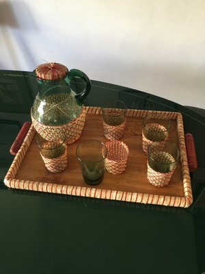 Mid-Century Green Table Glass Set with Beige & Red Raffia Weave Handles and Base, Set of 7-GGK-702594