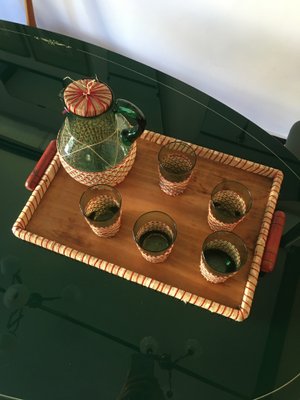 Mid-Century Green Table Glass Set with Beige & Red Raffia Weave Handles and Base, Set of 7-GGK-702594