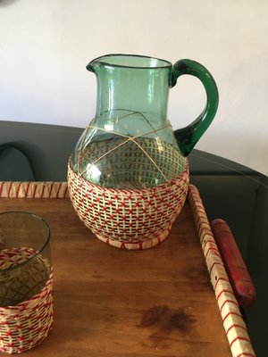 Mid-Century Green Table Glass Set with Beige & Red Raffia Weave Handles and Base, Set of 7-GGK-702594