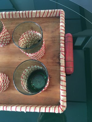 Mid-Century Green Table Glass Set with Beige & Red Raffia Weave Handles and Base, Set of 7-GGK-702594