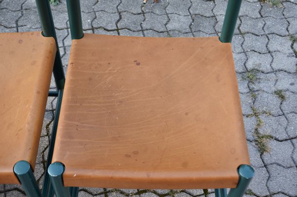 Mid-Century Green Vegetal Cognac Leather Saddle Dining Chairs, Finland, 1950s, Set of 4-UF-1371999