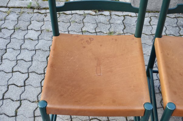 Mid-Century Green Vegetal Cognac Leather Saddle Dining Chairs, Finland, 1950s, Set of 4-UF-1371999