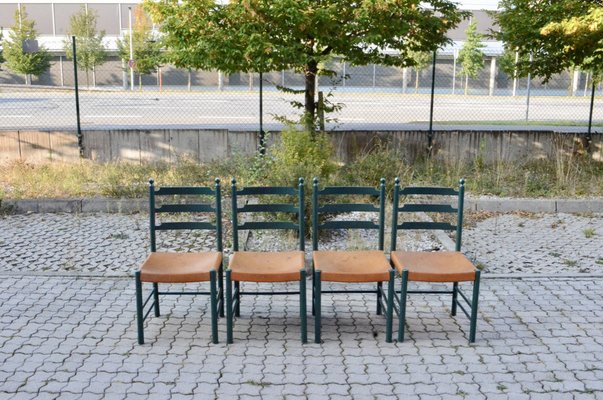 Mid-Century Green Vegetal Cognac Leather Saddle Dining Chairs, Finland, 1950s, Set of 4-UF-1371999