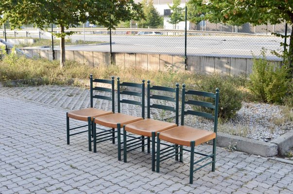 Mid-Century Green Vegetal Cognac Leather Saddle Dining Chairs, Finland, 1950s, Set of 4-UF-1371999