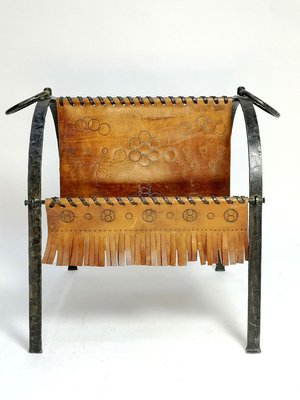 Mid-Century Hand Made Cow Leather and Wrought Iron Magazine Holder, 1970s-UWE-910491