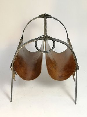 Mid-Century Hand Made Cow Leather and Wrought Iron Magazine Holder, 1970s-UWE-910491