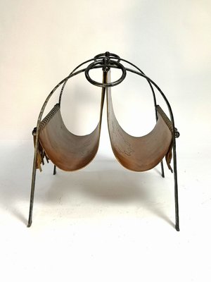 Mid-Century Hand Made Cow Leather and Wrought Iron Magazine Holder, 1970s-UWE-910491