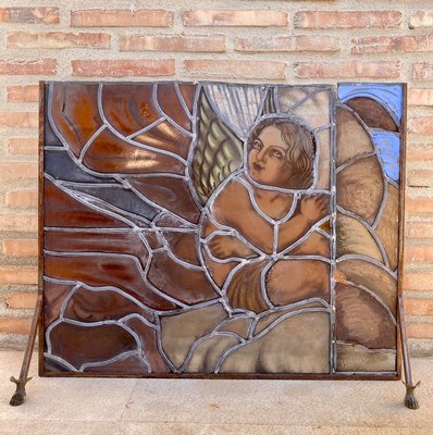 Mid-Century Handmade Glass Painted & Iron Fire Screen-NOU-808486