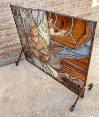 Mid-Century Handmade Glass Painted & Iron Fire Screen-NOU-808486