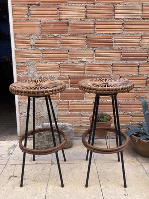 Mid-Century High Bar Stools in Metal and Rattan by Dirk van Sliedregt for Rohé Noordwolde, 1950s, Set of 2-QVY-1795837