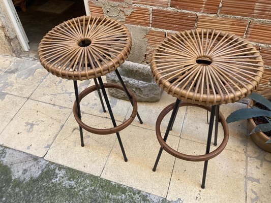 Mid-Century High Bar Stools in Metal and Rattan by Dirk van Sliedregt for Rohé Noordwolde, 1950s, Set of 2-QVY-1795837