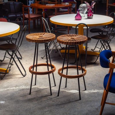 Mid-Century High Bar Stools in Metal and Rattan by Dirk van Sliedregt for Rohé Noordwolde, 1950s, Set of 2-QVY-1795837