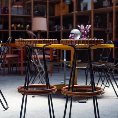 Mid-Century High Bar Stools in Metal and Rattan by Dirk van Sliedregt for Rohé Noordwolde, 1950s, Set of 2-QVY-1795837