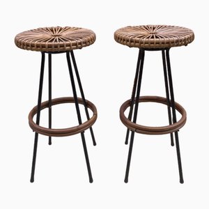 Mid-Century High Bar Stools in Metal and Rattan by Dirk van Sliedregt for Rohé Noordwolde, 1950s, Set of 2-QVY-1795837