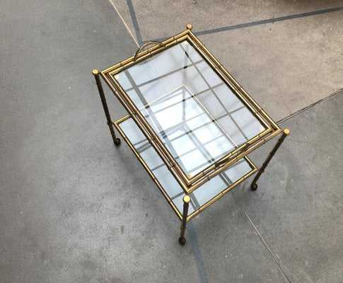 Mid-Century Hollywood Regency Style Brass Fake Bamboo Tray Serving Cart or Side Table, 1960s-UAH-1334629