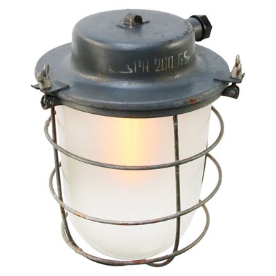 Mid-Century Industrial Gray Metal & Frosted Glass Pendant Lamp-BLS-891475