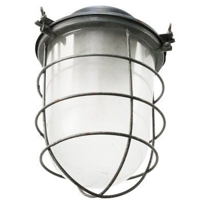 Mid-Century Industrial Gray Metal & Frosted Glass Pendant Lamp-BLS-891475