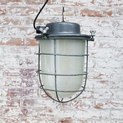 Mid-Century Industrial Gray Metal & Frosted Glass Pendant Lamp-BLS-891475