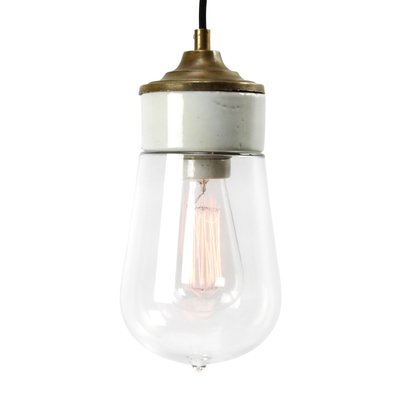 Mid-Century Industrial White Porcelain, Clear Glass, and Brass Pendant Lamp-BLS-569053