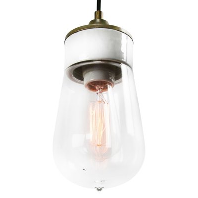 Mid-Century Industrial White Porcelain, Clear Glass, and Brass Pendant Lamp-BLS-569053