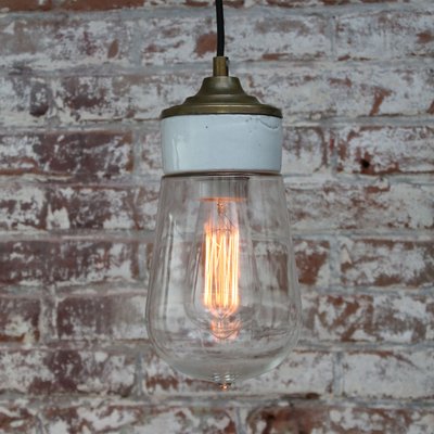 Mid-Century Industrial White Porcelain, Clear Glass, and Brass Pendant Lamp-BLS-569053