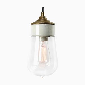 Mid-Century Industrial White Porcelain, Clear Glass, and Brass Pendant Lamp-BLS-569053