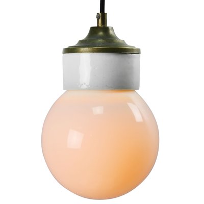 Mid-Century Industrial White Porcelain, Opaline Glass, and Brass Pendant Lamp-BLS-572164