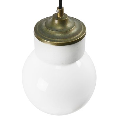 Mid-Century Industrial White Porcelain, Opaline Glass, and Brass Pendant Lamp-BLS-572164