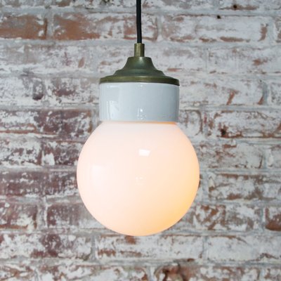 Mid-Century Industrial White Porcelain, Opaline Glass, and Brass Pendant Lamp-BLS-572164