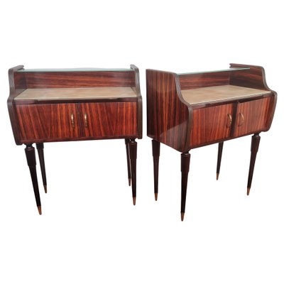 Mid Century Italian Art Deco Wood Brass and Glass Nightstands Bedside Tables, Set of 2-EUP-1073600