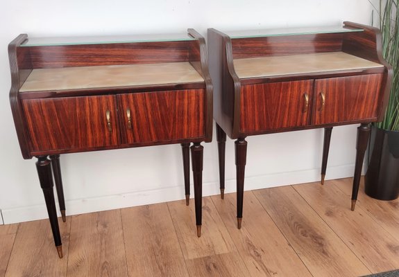 Mid Century Italian Art Deco Wood Brass and Glass Nightstands Bedside Tables, Set of 2-EUP-1073600