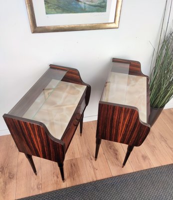 Mid Century Italian Art Deco Wood Brass and Glass Nightstands Bedside Tables, Set of 2-EUP-1073600