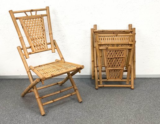 Mid-Century Italian Bamboo and Rattan Foldable Table and Four Chairs, 1960s, Set of 5-JDR-1126160